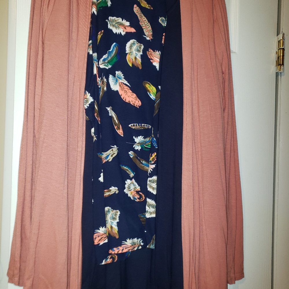 Peachy pink cardigan.  And feather leggings